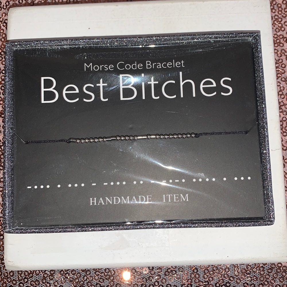 Morse Code Bracelet Black Rope “Best Bitches” with Morse Code Chart and Gray Box